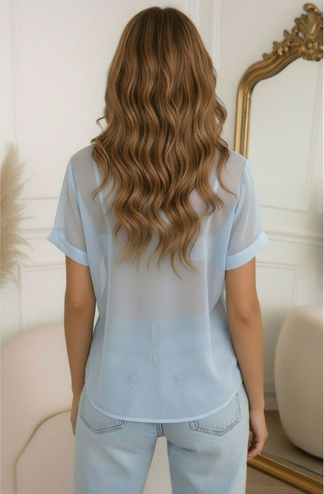 Rochel Sheer Tie-Neck Floral Scarf Blouse Top - Blue