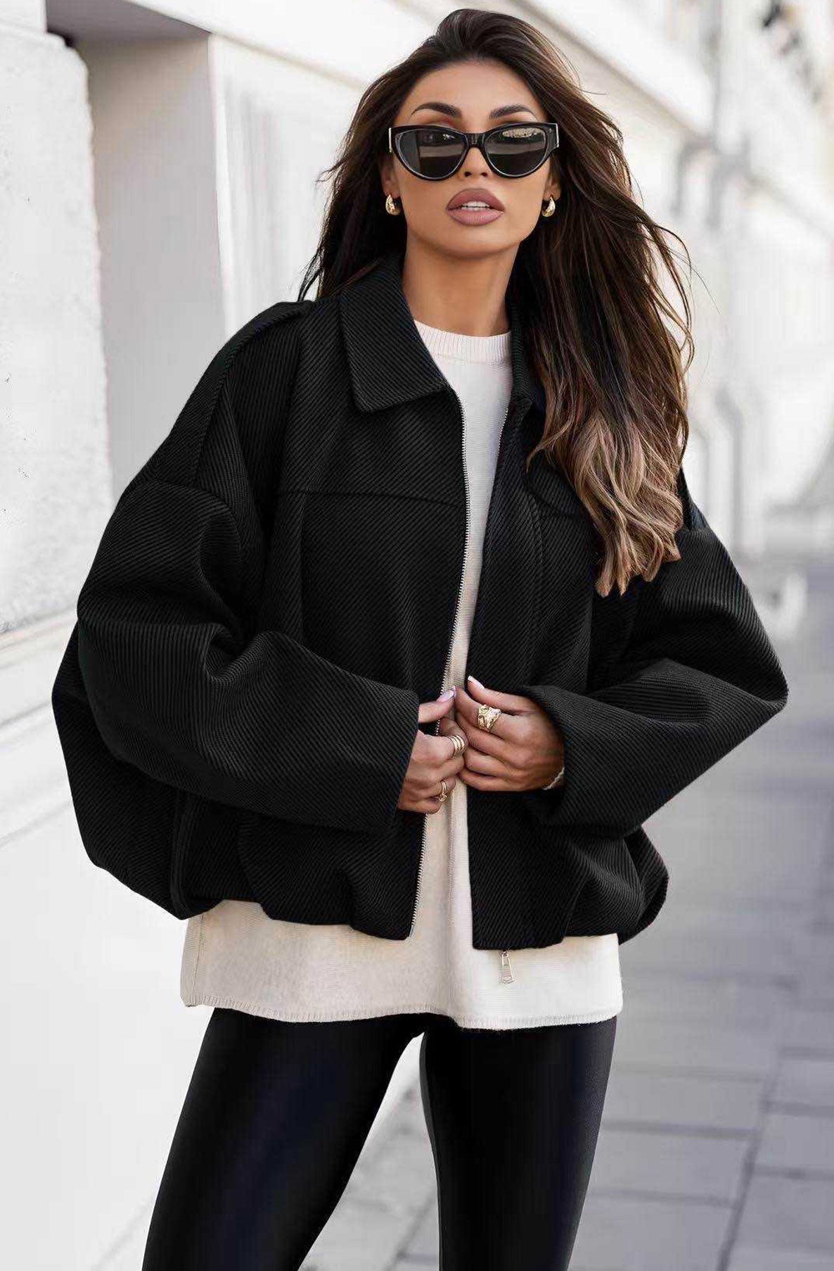 Roselle Batwing Textured Lined Oversize Jacket-Black