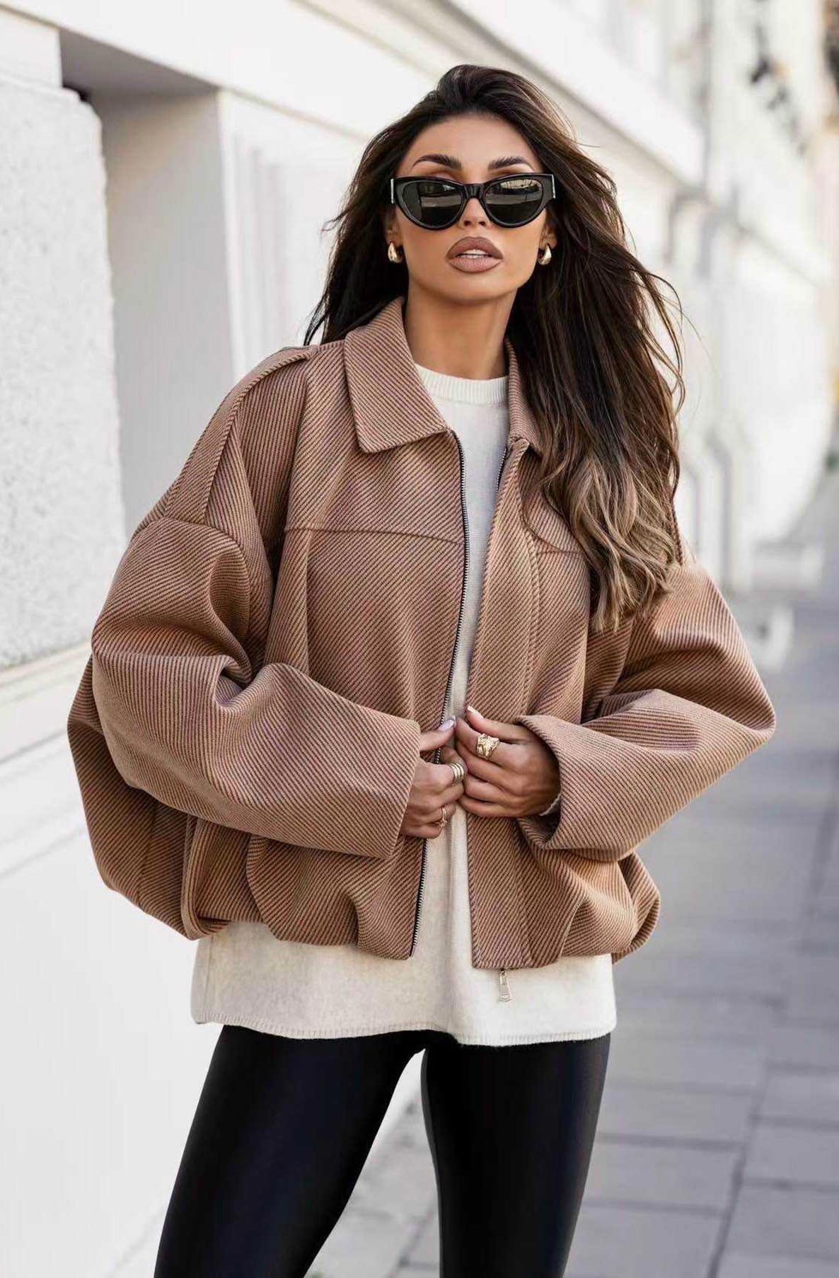Roselle Batwing Textured Lined Oversize Jacket-Camel