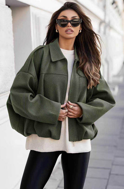 Roselle Batwing Textured Lined Oversize Jacket-Khaki