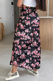 Rosie Floral Satin Midaxi Skirt-Black