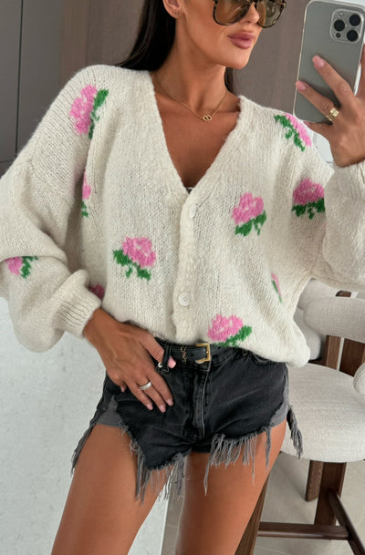 Rozie Floral Knitted Cardigan-Cream