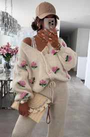 Rozie Floral Knitted Cardigan-Cream