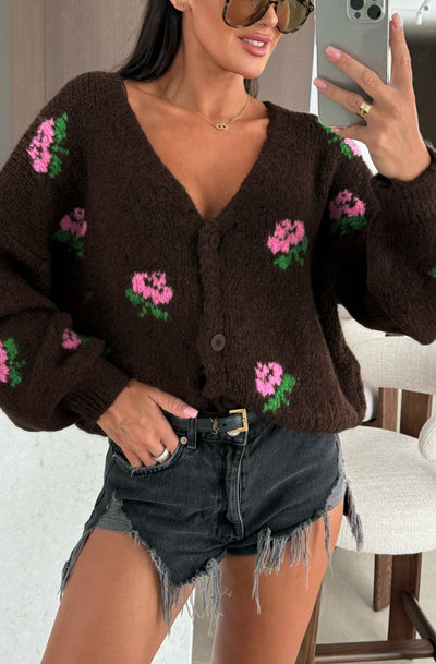 Rozie Floral Knitted Cardigan-Dark Brown
