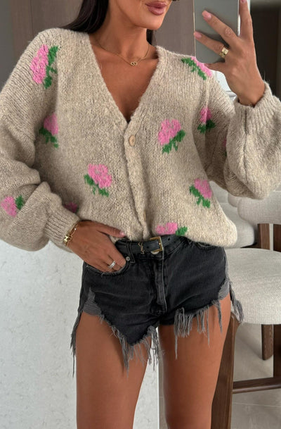 Rozie Floral Knitted Cardigan-Stone