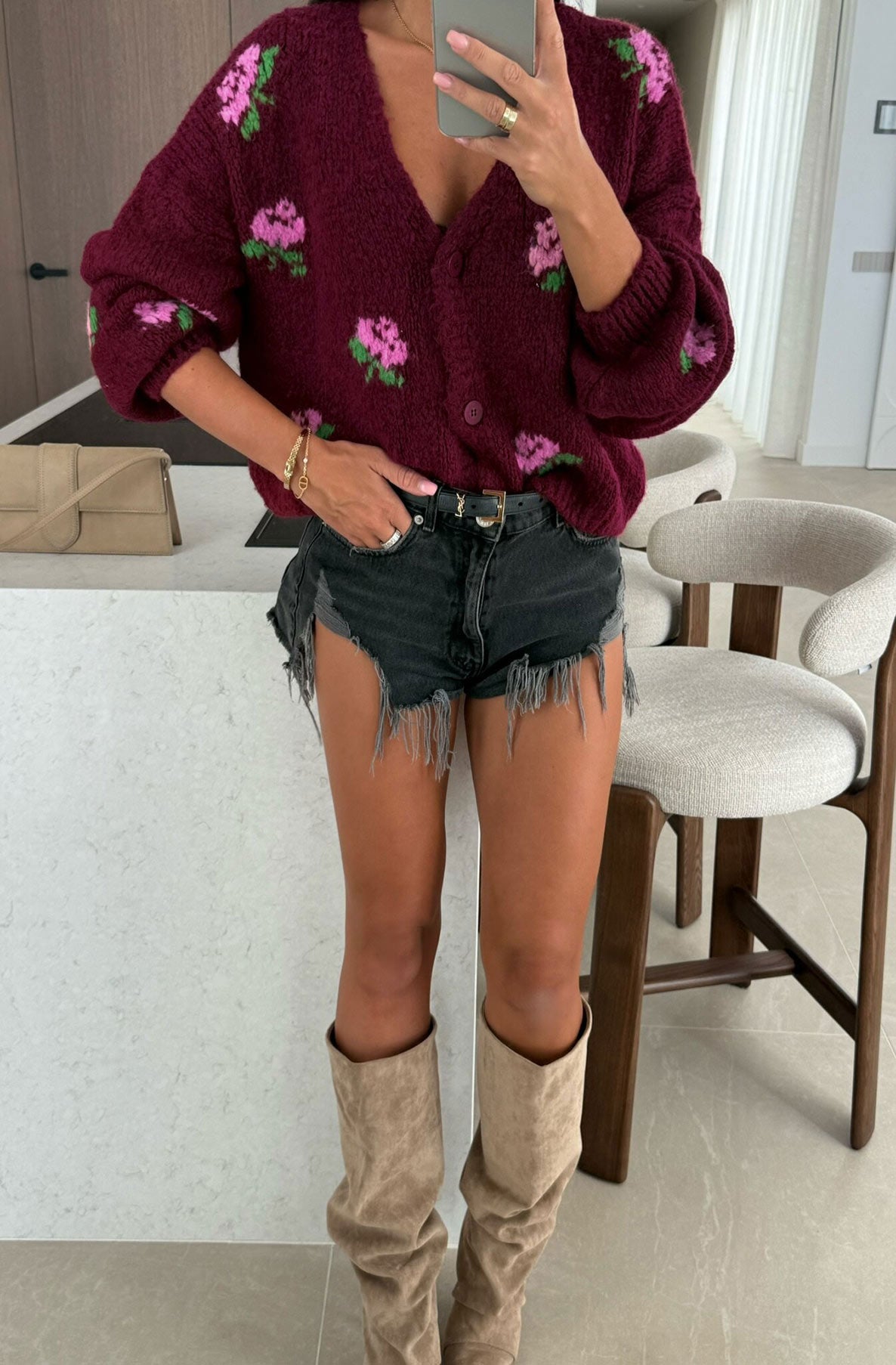 Rozie Floral Knitted Cardigan-Wine