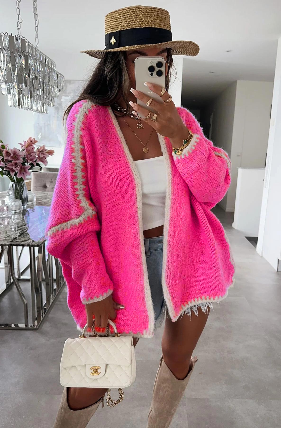 Sadie Contrast Knitted Cardigan-Hot Pink