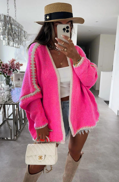 Sadie Contrast Knitted Cardigan-Hot Pink
