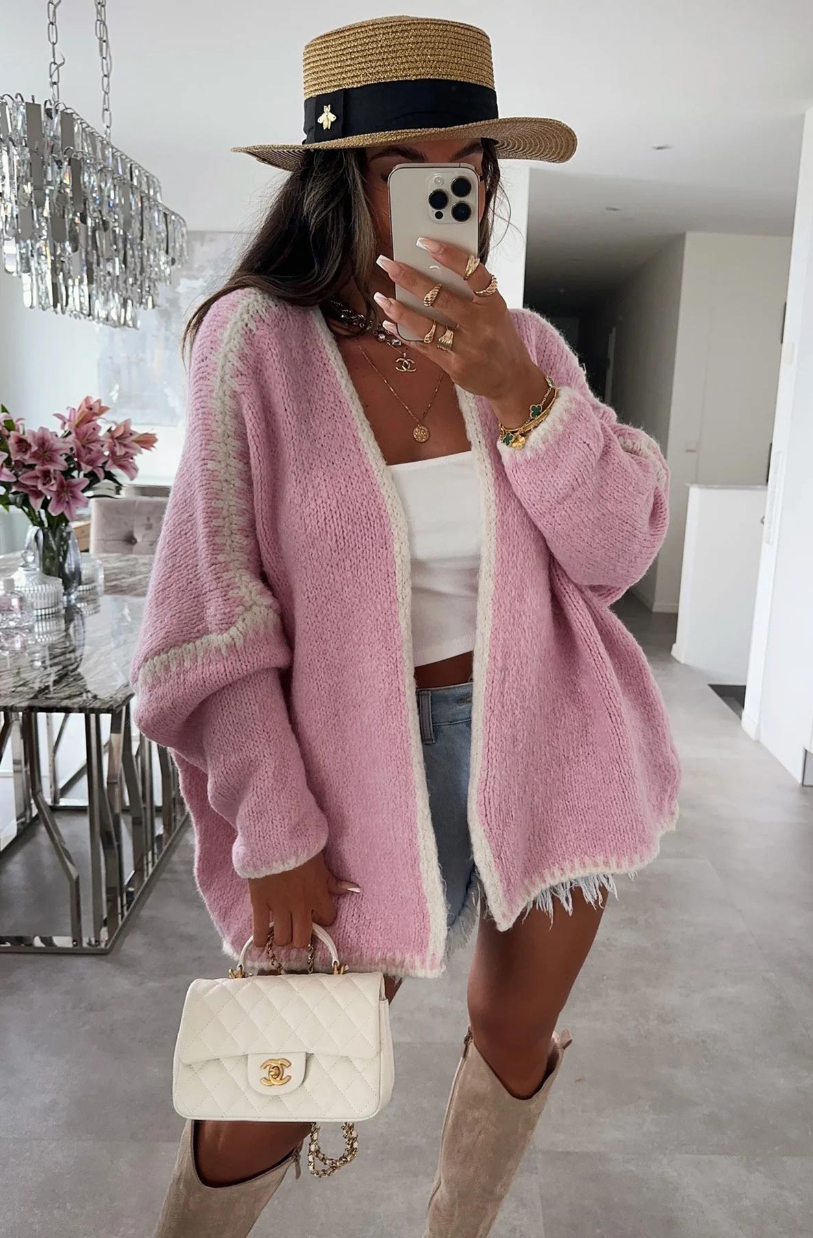 Sadie Contrast Knitted Cardigan-Pink