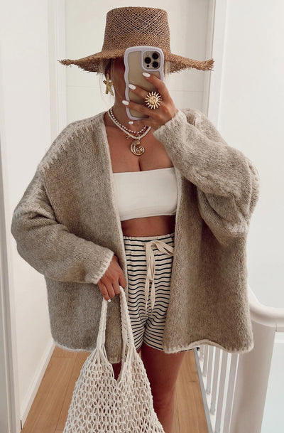 Sadie Contrast Knitted Cardigan-Stone