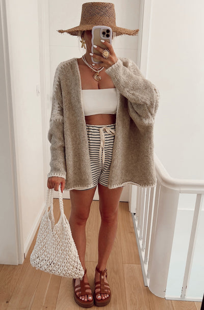 Sadie Contrast Knitted Cardigan-Stone