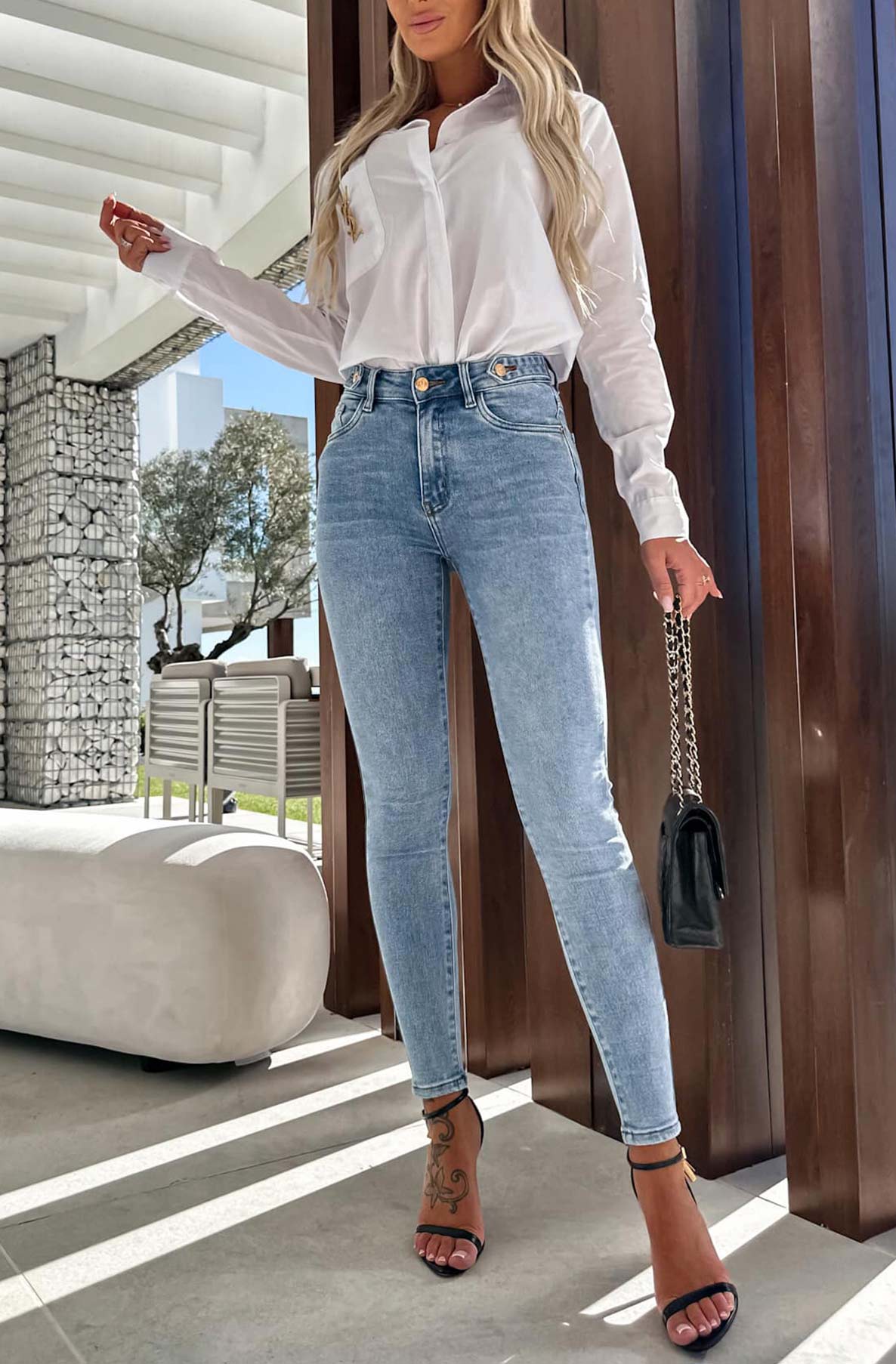 Safina Denim Button Detail Skinny Jeans-Light Blue