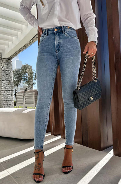 Safina Denim Button Detail Skinny Jeans-Light Blue