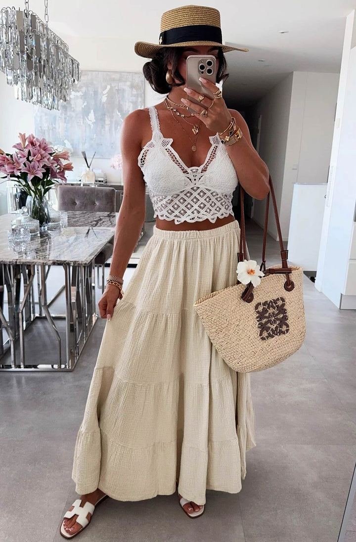 Sahara Cotton Gauze Style Tiered Maxi Skirt-Beige