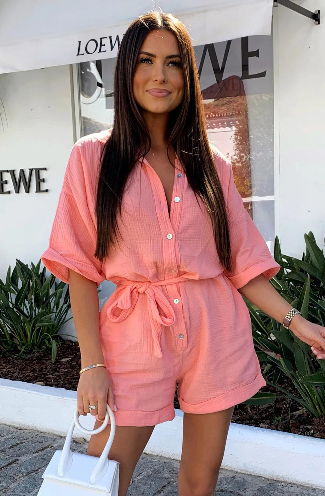 Sallie Belted Cotton Gauze Style Playsuit - Coral