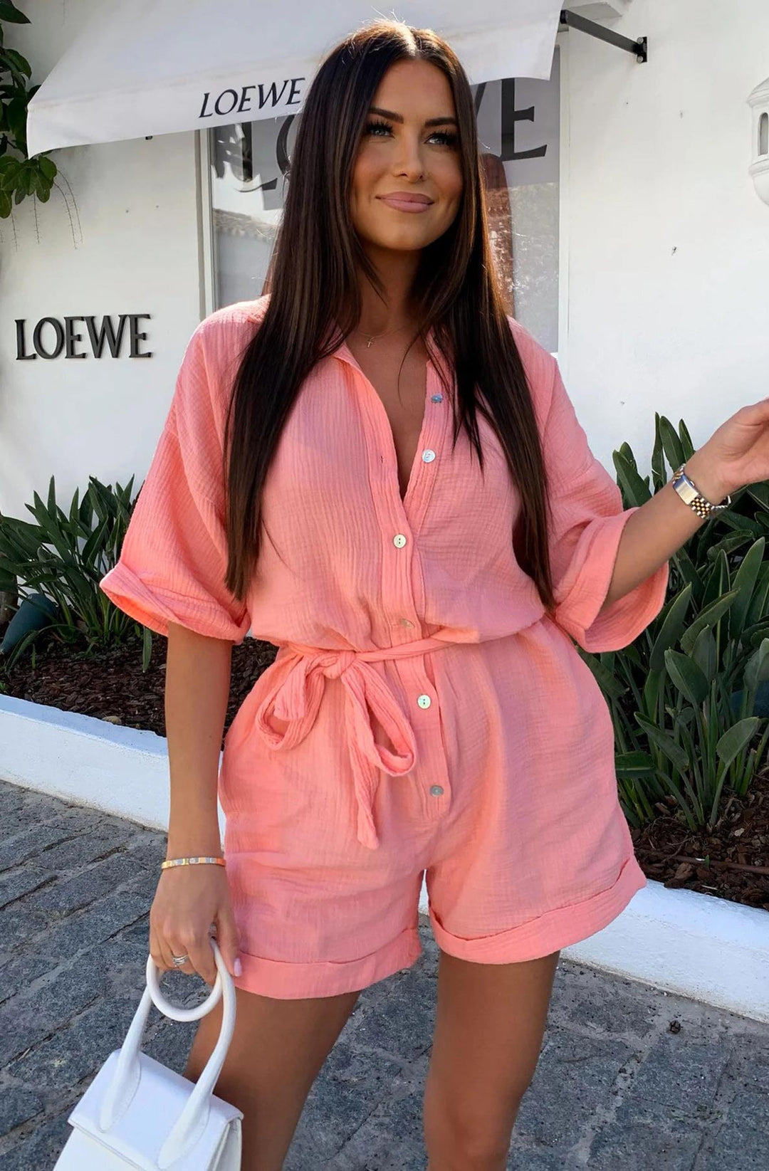 Sallie Belted Cotton Gauze Style Playsuit - Coral