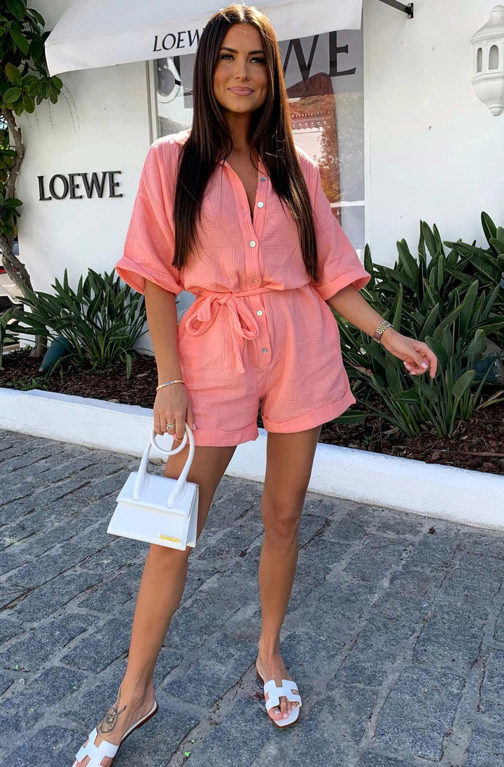 Sallie Belted Cotton Gauze Style Playsuit - Coral