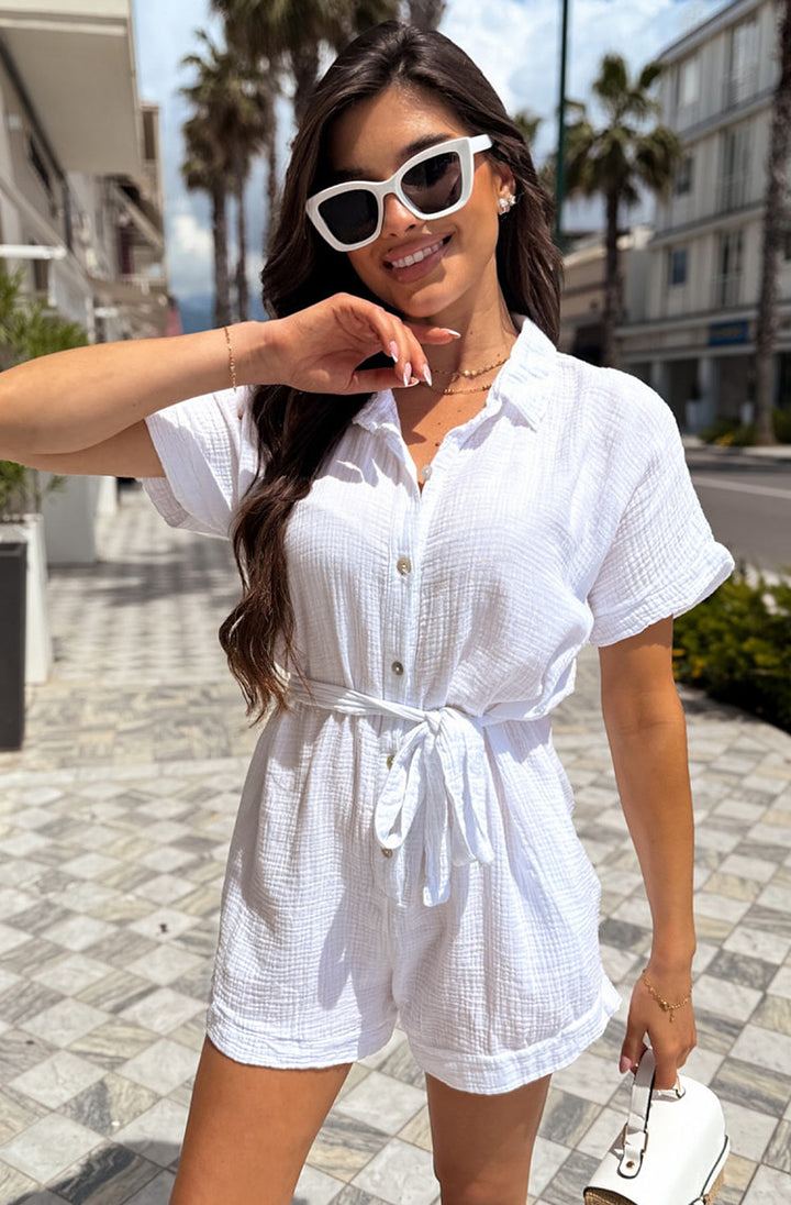 Sallie Belted Cotton Gauze Style Playsuit - Ivory