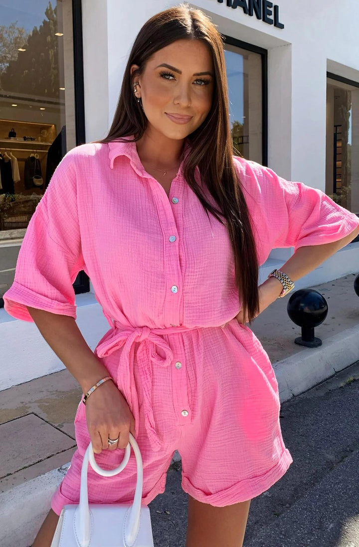 Sallie Belted Cotton Gauze Style Playsuit - Pink