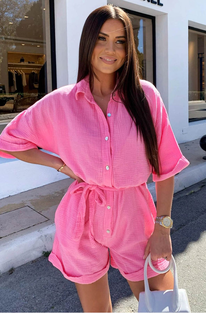 Sallie Belted Cotton Gauze Style Playsuit - Pink