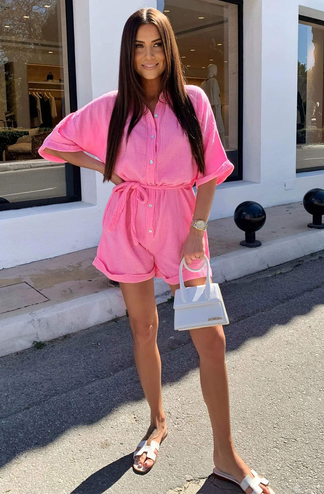 Sallie Belted Cotton Gauze Style Playsuit - Pink