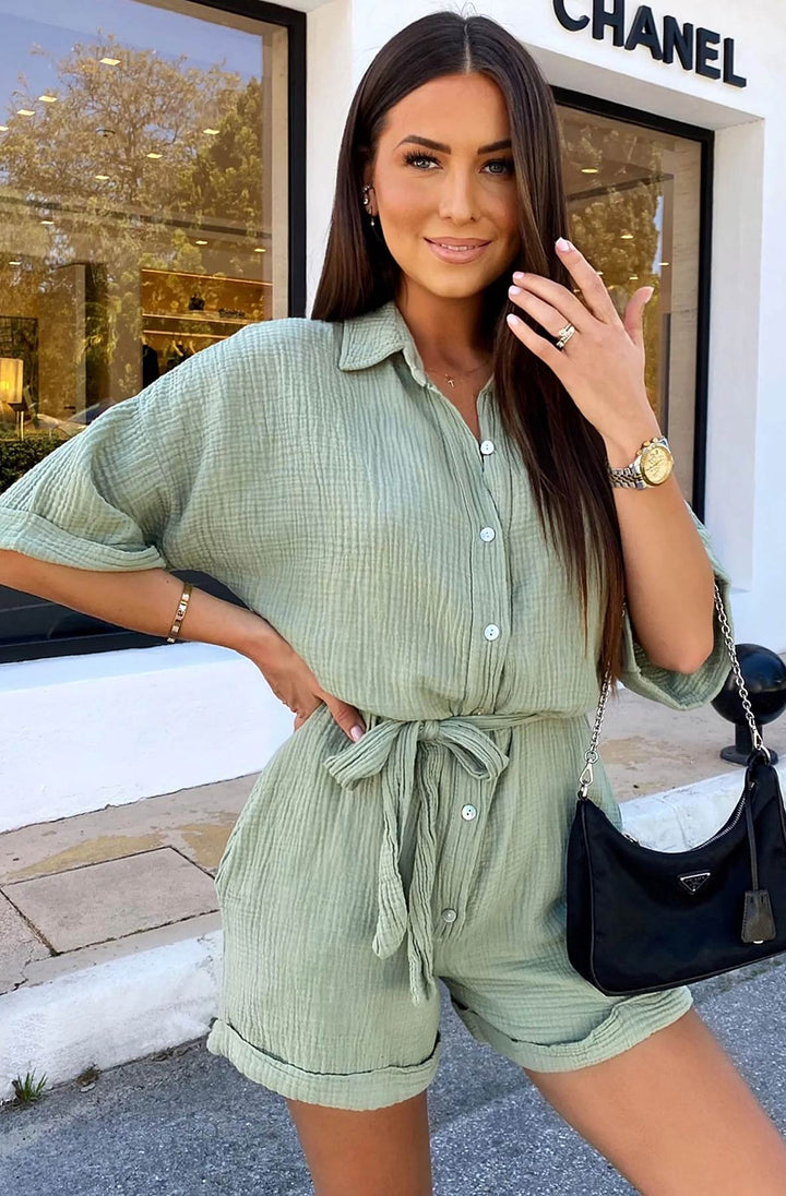 Sallie Belted Cotton Gauze Style Playsuit - Sage