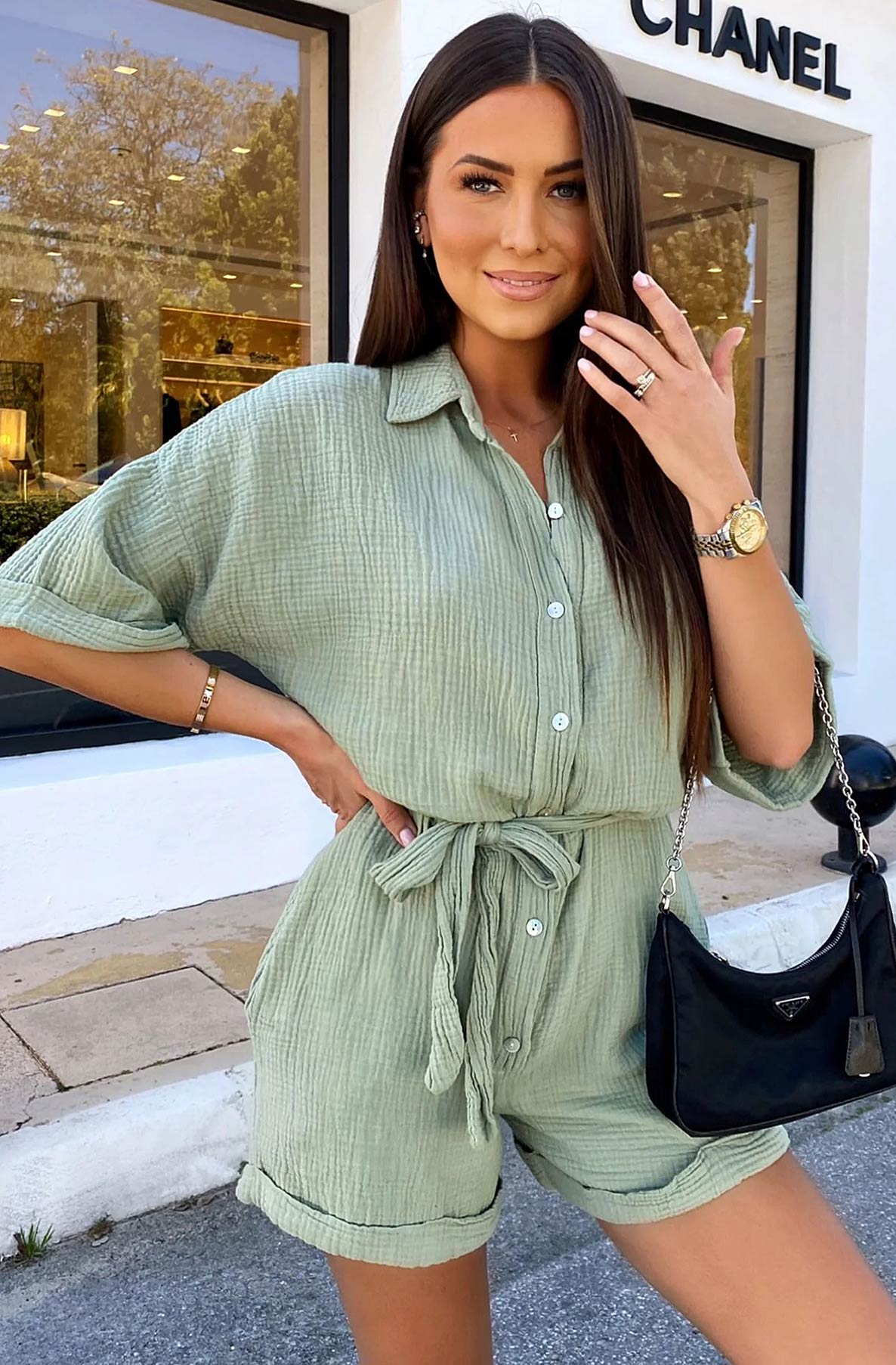 Sallie Belted Cotton Gauze Style Playsuit-Sage