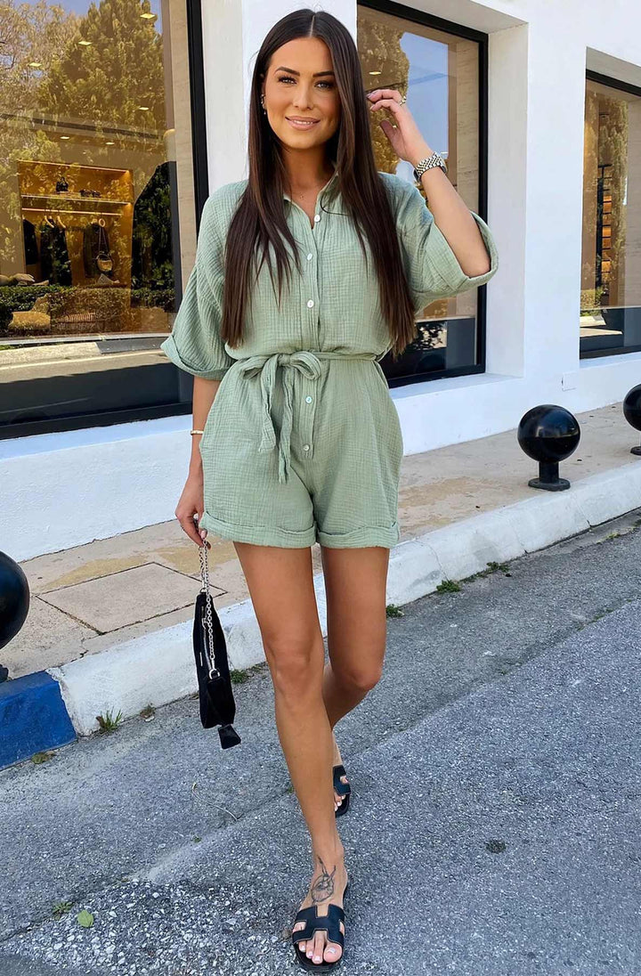 Sallie Belted Cotton Gauze Style Playsuit - Sage