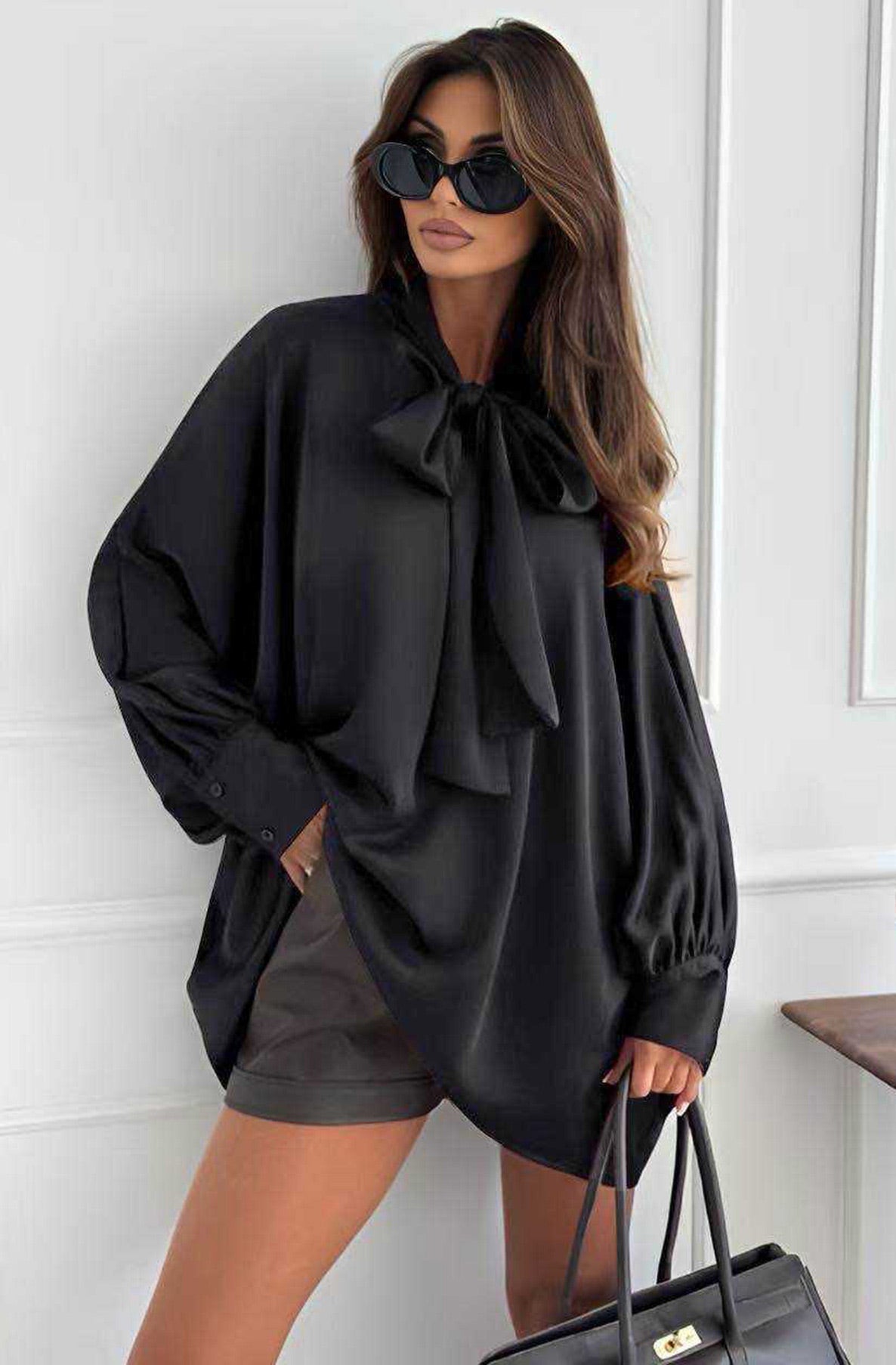 Samira 'BOW' Oversized Satin Blouse Top-Black