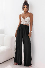 Sandie Satin Style Wide Leg Trousers-Black