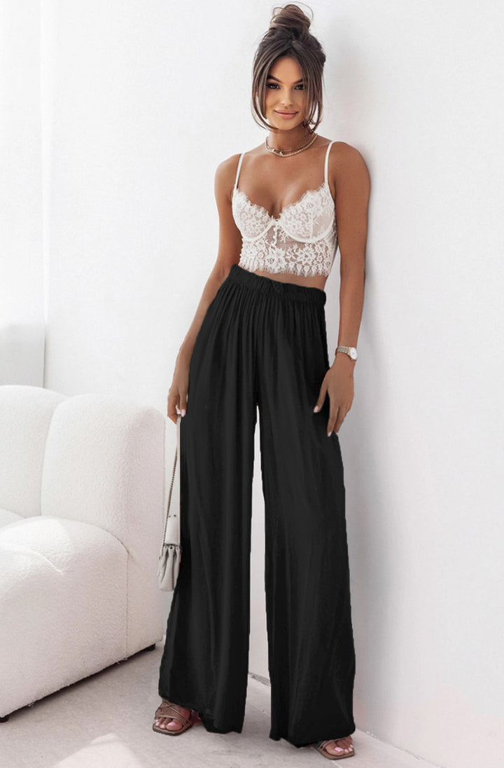 Sandie Satin Style Wide Leg Trousers-Black