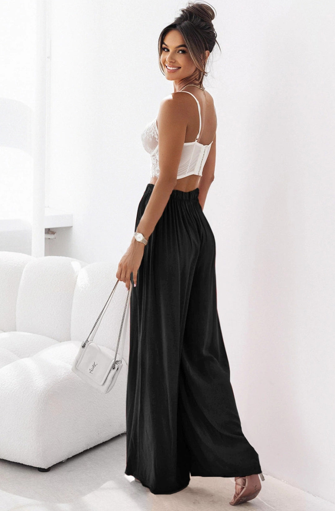 Sandie Satin Style Wide Leg Trousers - Black