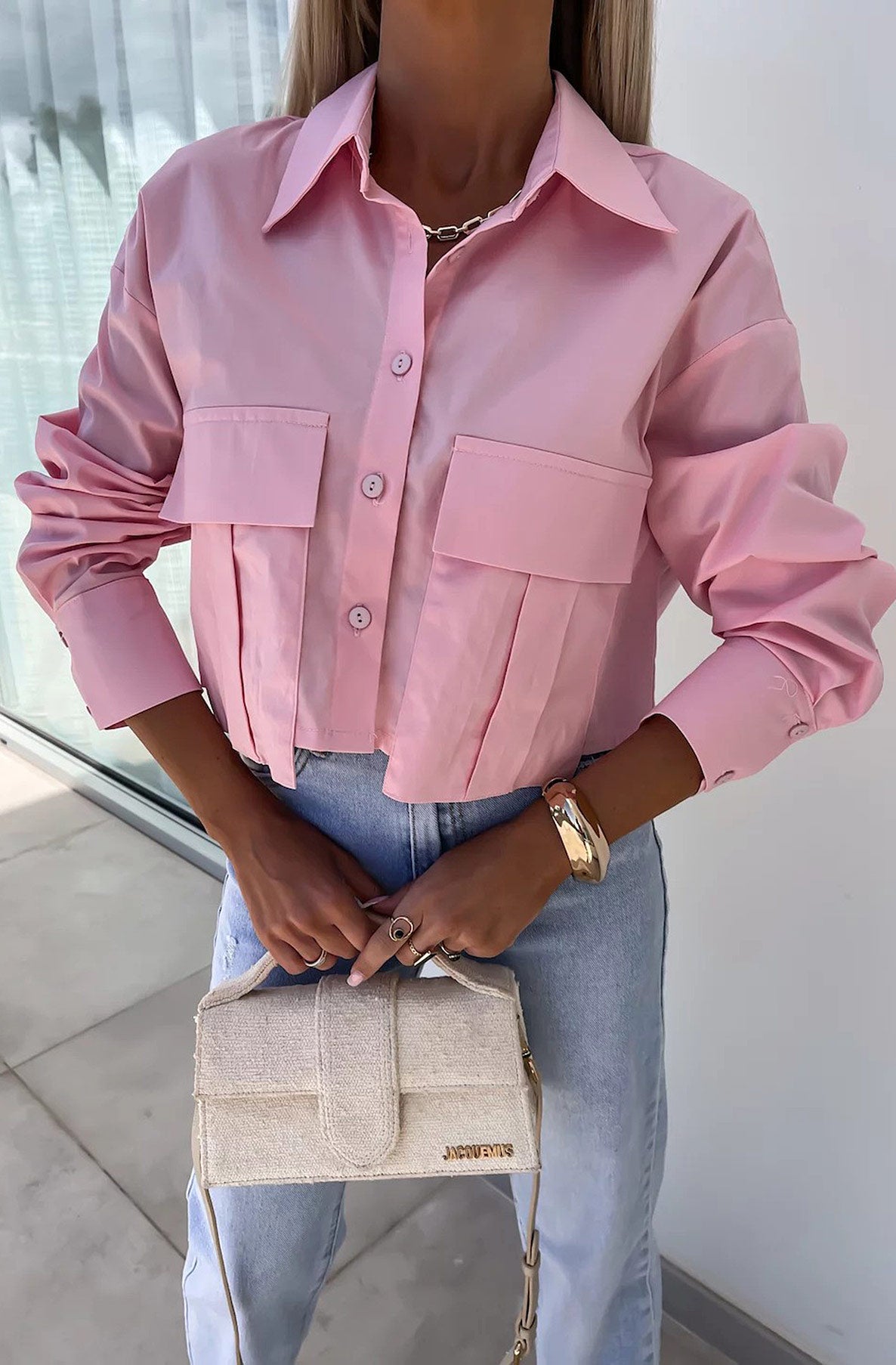 Sandie Cropped Pocket Detail Shirt Top-Dusty Pink