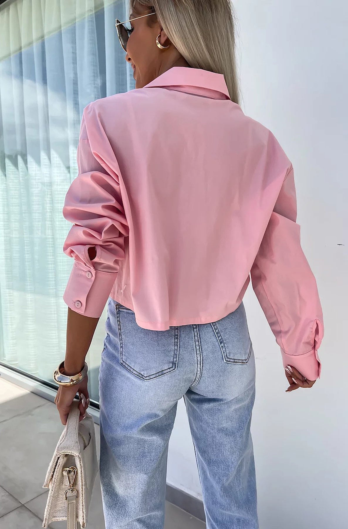 Sandie Cropped Pocket Detail Shirt Top-Dusty Pink