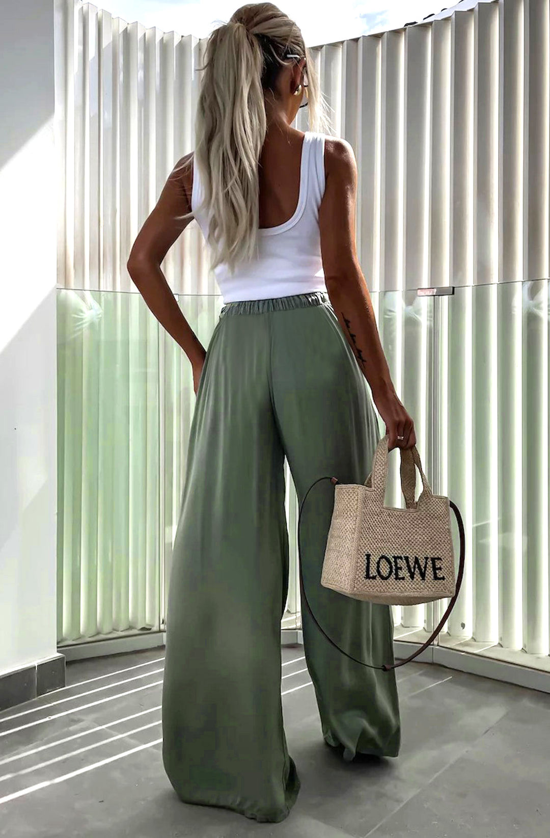 Sandie Satin Style Wide Leg Trousers - Olive