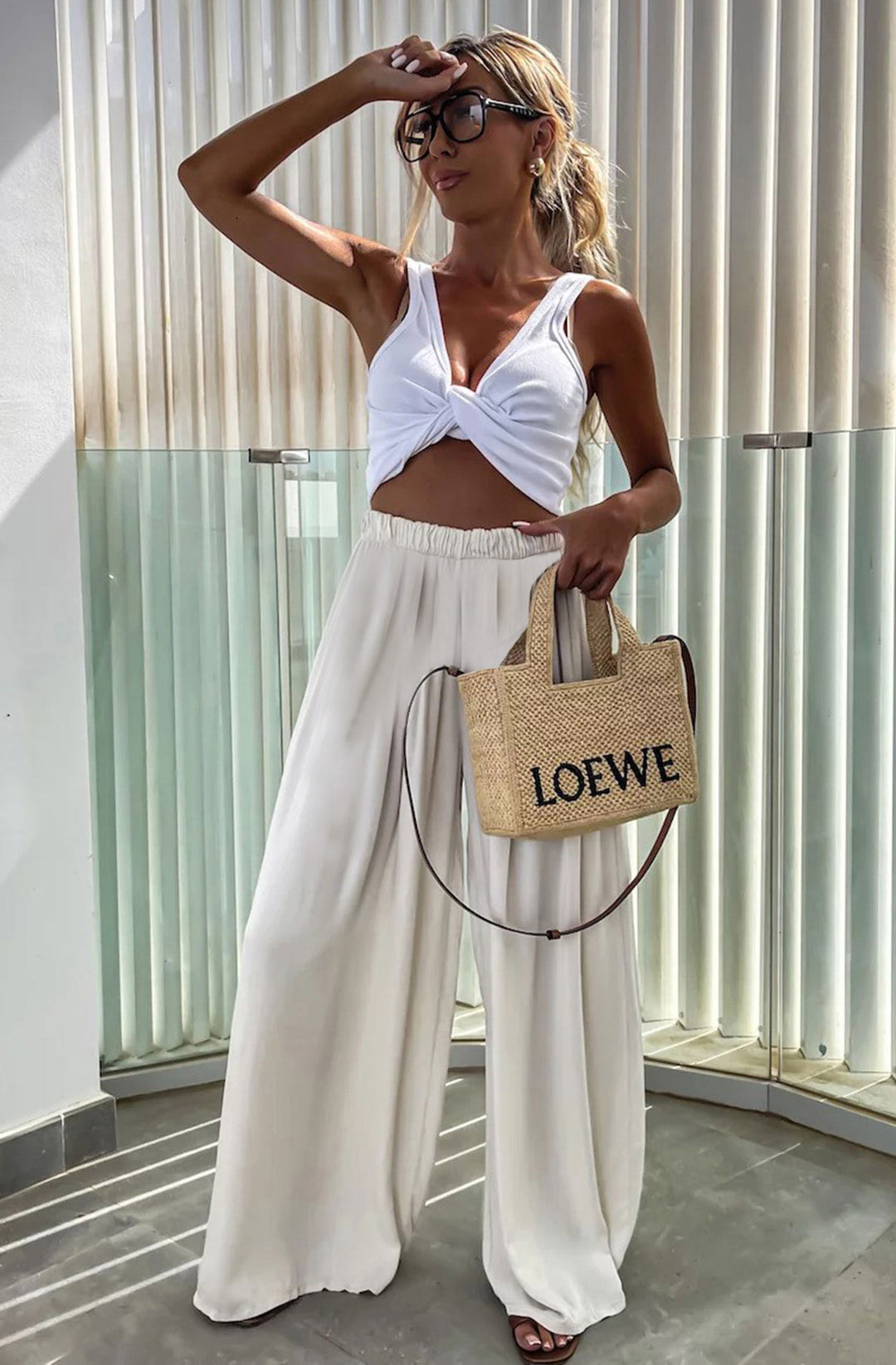 Sandie Satin Style Wide Leg Trousers - Stone