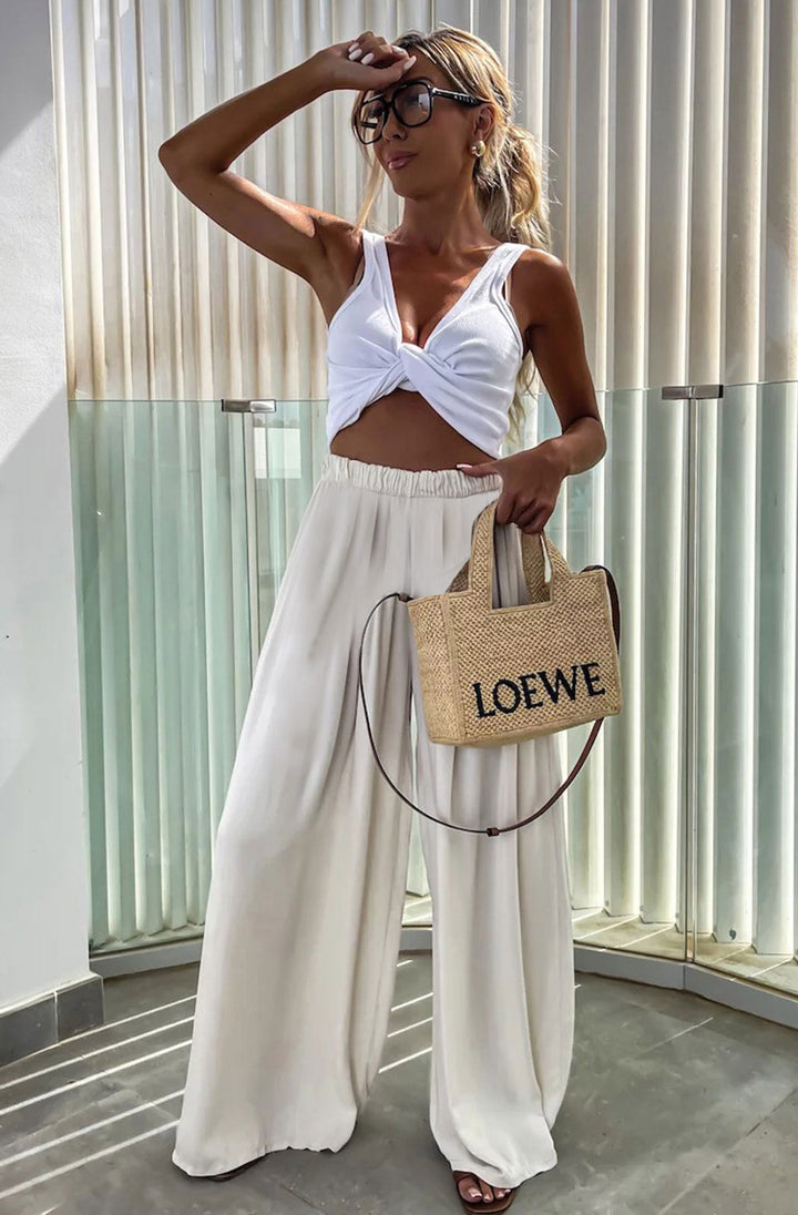 Sandie Satin Style Wide Leg Trousers - Stone