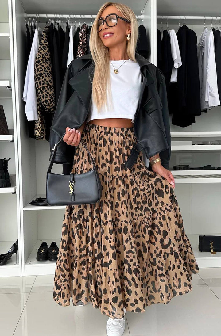 Riva Satin Leopard Print Maxi Skirt Brown Catwalk Wh