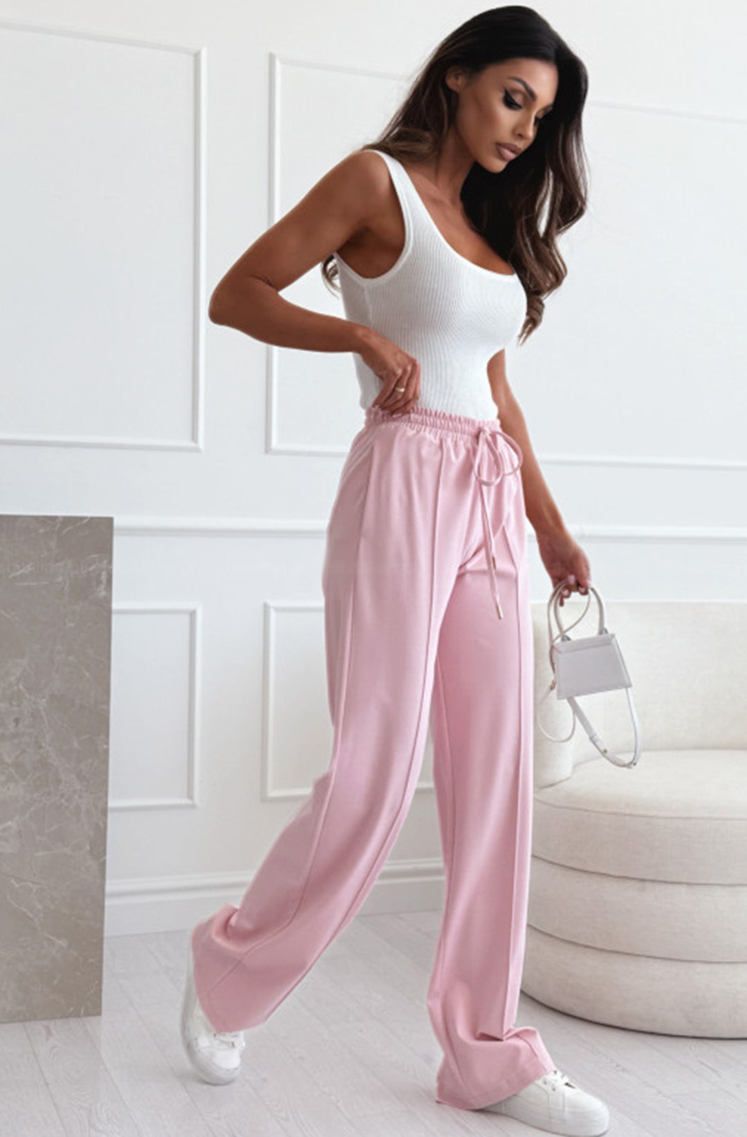 Sarah Elasticated Waist Drawstring Pocket Wide Leg Trousers - Baby Pink