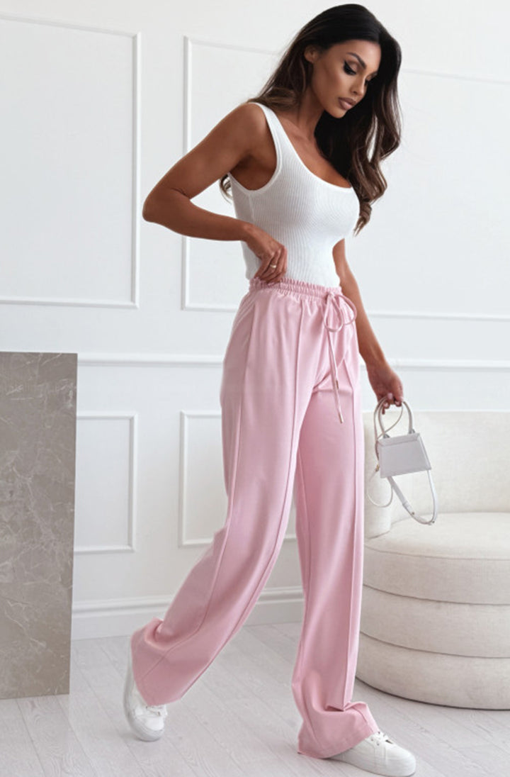 Sarah Elasticated Waist Drawstring Pocket Wide Leg Trousers - Baby Pink