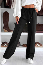 Sarah Elasticated Waist Drawstring Pocket Wide Leg Trousers-Black