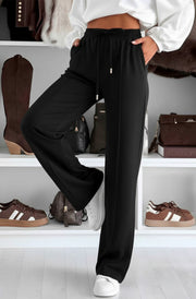 Sarah Elasticated Waist Drawstring Pocket Wide Leg Trousers-Black