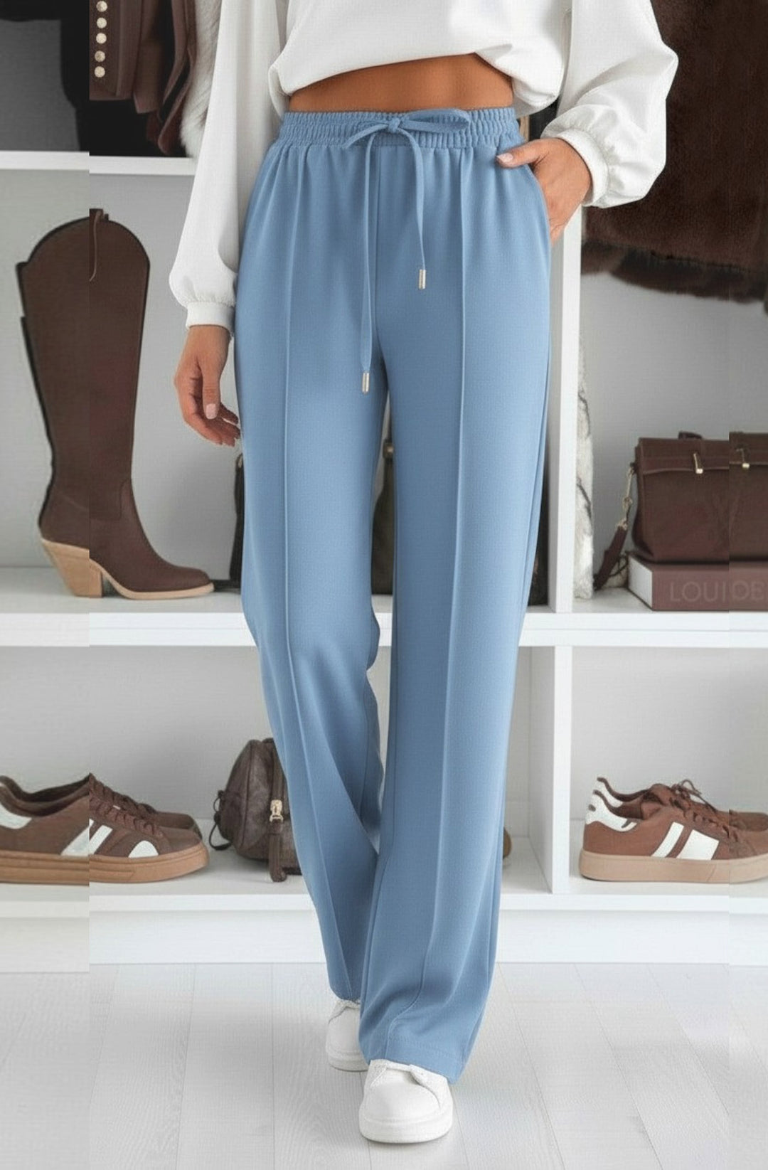 Sarah Elasticated Waist Drawstring Pocket Wide Leg Trousers - Sky Blue