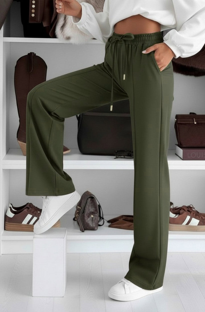 Sarah Elasticated Waist Drawstring Pocket Wide Leg Trousers - Khaki