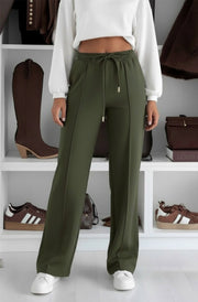 Sarah Elasticated Waist Drawstring Pocket Wide Leg Trousers-Khaki