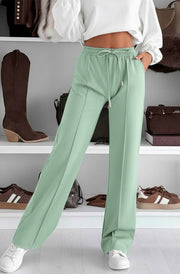 Sarah Elasticated Waist Drawstring Pocket Wide Leg Trousers-Sage
