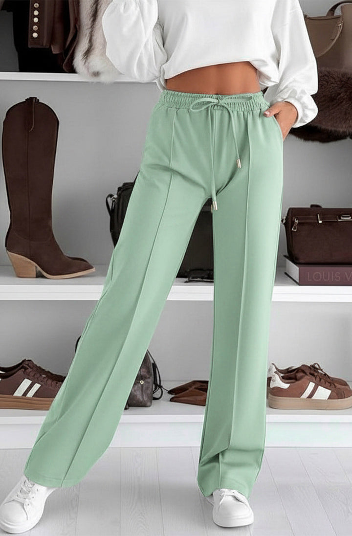 Sarah Elasticated Waist Drawstring Pocket Wide Leg Trousers-Sage