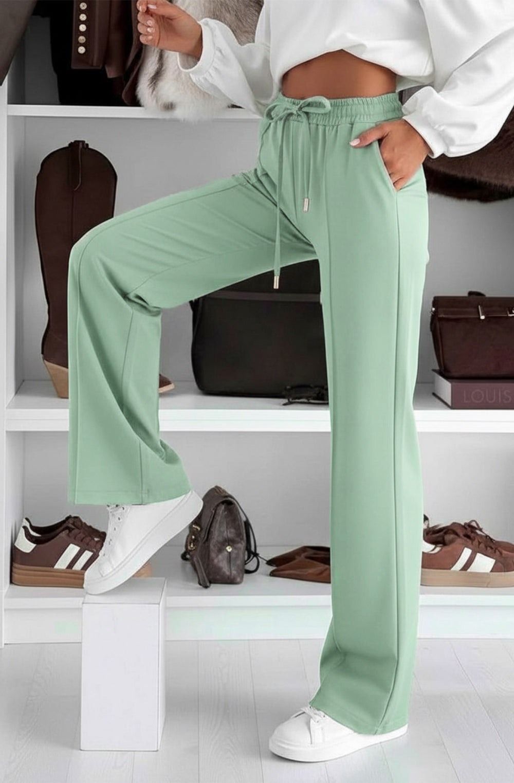 Sarah Elasticated Waist Drawstring Pocket Wide Leg Trousers - Sage