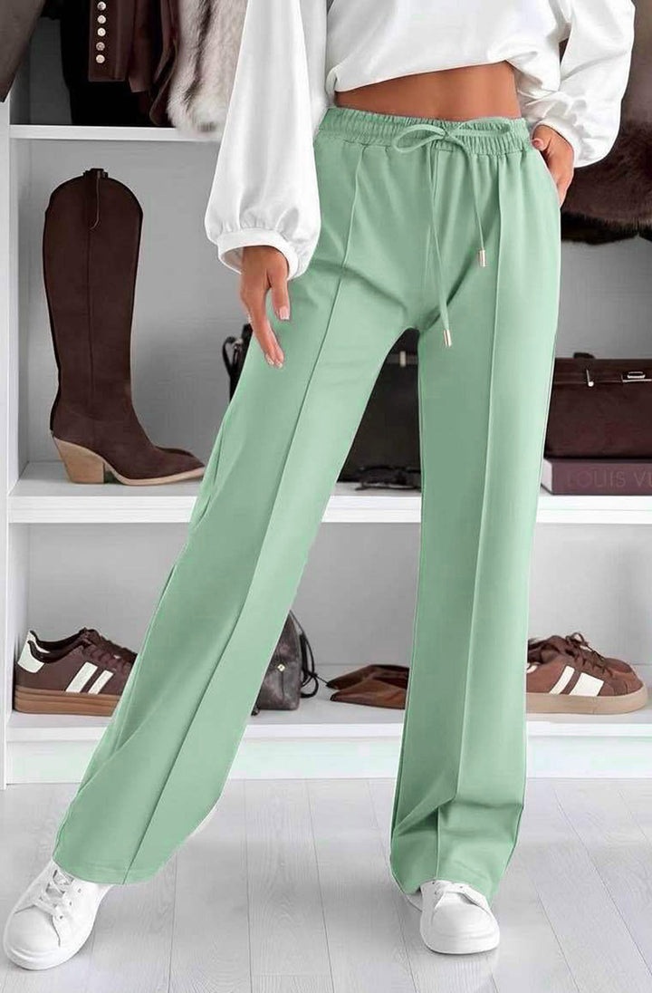 Sarah Elasticated Waist Drawstring Pocket Wide Leg Trousers - Sage