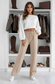 Sarah Elasticated Waist Drawstring Pocket Wide Leg Trousers-Stone